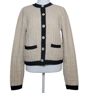 Tahari Pearl Button Down Cardigan Sweater Classy Ivory & Black Classic Chic SM